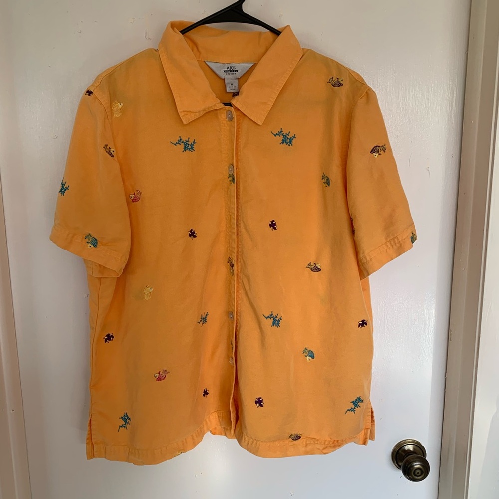 Tropical Orange Embroidered Short Sleeve Shirt with fish